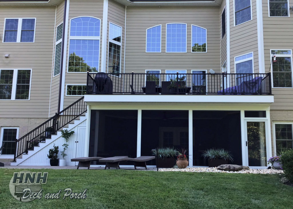Trex Transcend, Westbury black aluminum railing, covered patio, storage room