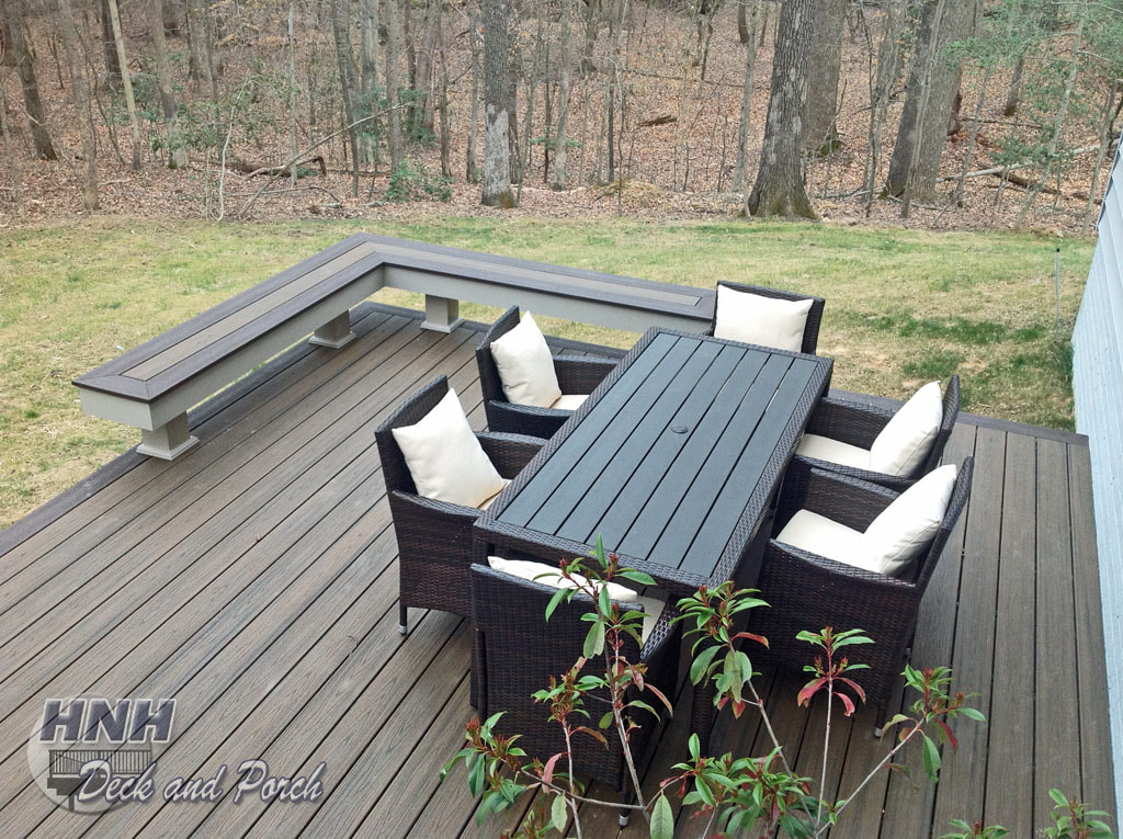 Trex decking, Spiced Rum and Lava Rock, bench