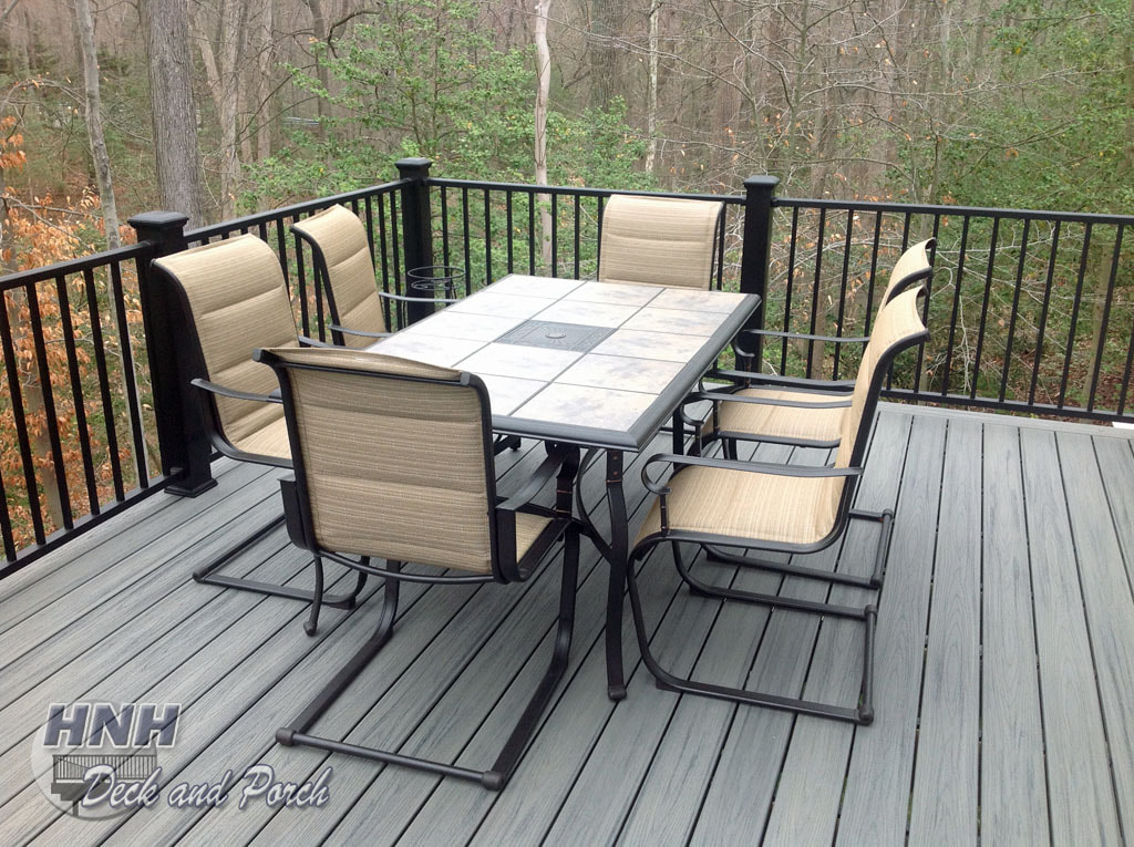 Trex Transcend composite deck, Island Mist flooring and Westbury black aluminum railing